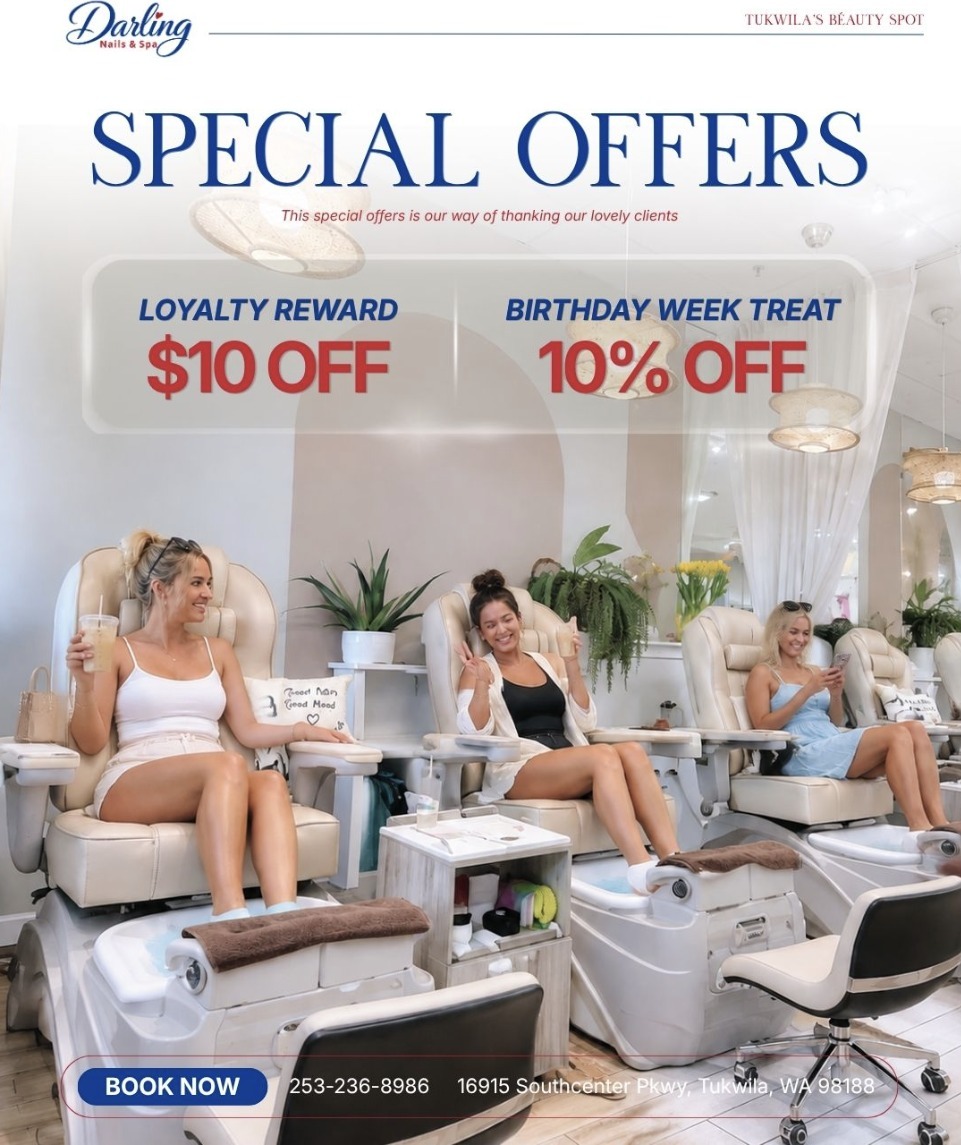 Darling Nails & Spa poster showing a ten-dollar loyalty reward and ten-percent birthday offer