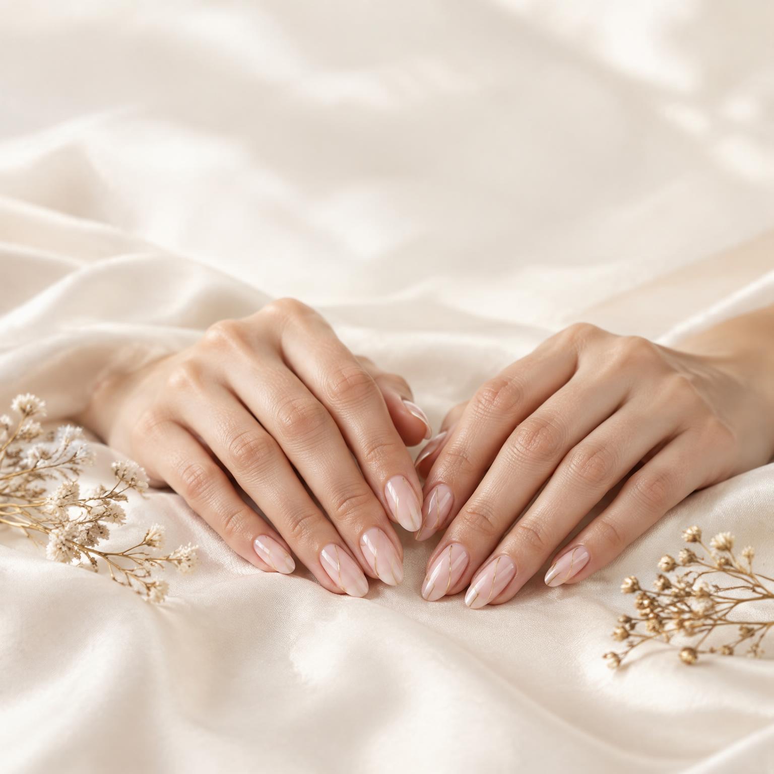 Milky-pink almond nails with fine gold accents on hands resting on ivory satin.